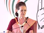 Congress interim president Sonia Gandhi addresses the Chintan Shivir in Udaipur on Friday. (ANI Twitter)