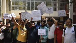 Homebuyers of Sai Aaina project demand timely completion and delivery of flats, during a protest at DTCP office in Gurugram on Friday. (Vipin Kumar/HT photo)