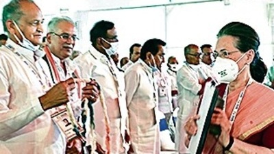 Congress chief Sonia Gandhi during the Chintan Shivir, in Udaipur on Friday. (ANI)
