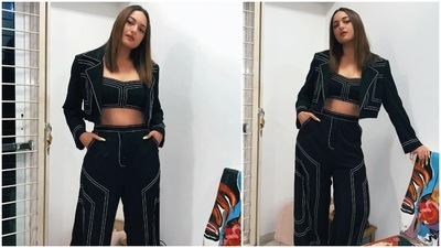 For an earlier photoshoot, Sonakshi Sinha donned an all-denim attire that comprised of a crop top, trousers and a cropped jacket. (Instagram/@aslisona)