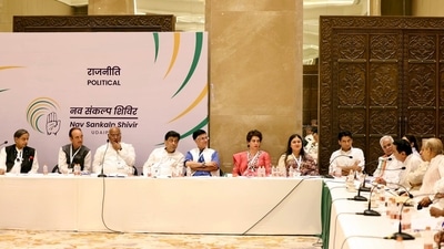 Congress leaders Priyanka Gandhi Vadra, Shashi Tharoor, Deepender Singh Hooda, Ghulam Nabi Azad, and others during a meeting on day 1 of the Nav Sankalp Chintan Shivir, in Udaipur. (ANI)