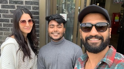 Katrina Kaif and Vicky Kaushal with a fan. Katrina Kaif and Vicky Kaushal with a fan.