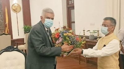 Newly-appointed Sri Lanka PM Ranil Wickremesinghe (left) with Indian high commissioner Gopal Baglay (twitter.com/IndiainSL)