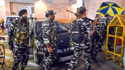 Varanasi: Security personnel keep vigil after security was beefed up following the court's verdict on the case of the Gyanvapi Masjid complex's survey, in Varanasi, (PTI) Varanasi: Security personnel keep vigil after security was beefed up following the court's verdict on the case of the Gyanvapi Masjid complex's survey, in Varanasi, (PTI)