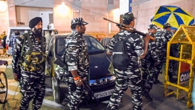 Varanasi: Security personnel keep vigil after security was beefed up following the court's verdict on the case of the Gyanvapi Masjid complex's survey, in Varanasi, (PTI) Varanasi: Security personnel keep vigil after security was beefed up following the court's verdict on the case of the Gyanvapi Masjid complex's survey, in Varanasi, (PTI)