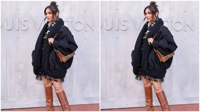 Additionally, the dress features a slit on the neckline, a mini-length hem flaunting Deepika's long legs, and a bodycon silhouette accentuating her svelte frame. The Gehraiyaan actor draped an oversized jacket on top of her dress to complete the get-up. (Instagram/@deepikapiku)