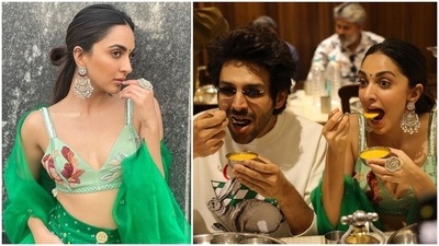 Kiara Advani with Kartik Aaryan promotes Bhool Bhulaiyaa 2 in mint green bralette and bandhani pants: Check out pics (Instagram) Kiara Advani with Kartik Aaryan promotes Bhool Bhulaiyaa 2 in mint green bralette and bandhani pants: Check out pics (Instagram)
