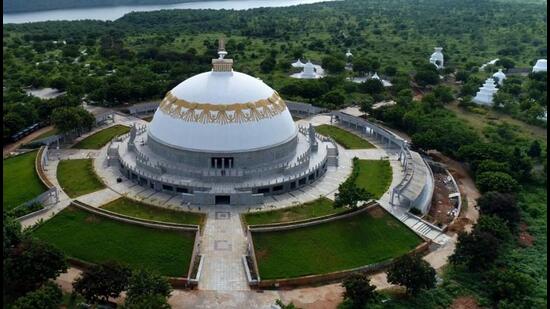 Buddhavanam, a mega Buddhist theme park developed by the Telangana government at Nagarjunasagar on the banks of the Krishna River, will be opened for tourists on Saturday. (HT PHOTO.)