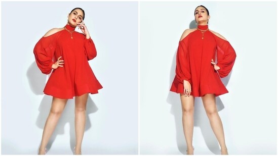 Huma Qureshi set the internet on fire with her earlier look in a flattering short red dress with cold shoulders by teamed with gold jewellery.(Instagram/@iamhumaq)