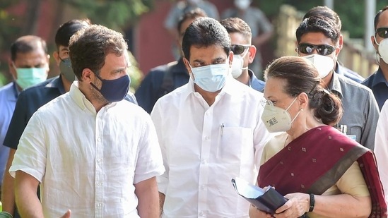 Congress chief Sonia Gandhi with party leaders Rahul Gandhi and KC Venugopal.(PTI)