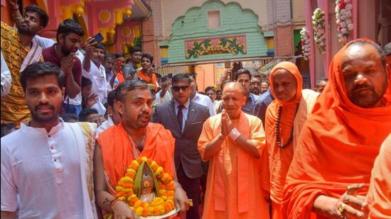 Uttar Pradesh chief minister Yogi Adityanath at Jangambari Math in Varanasi. (PTI PHOTO)
