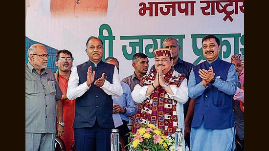 BJP president Jagat Prakash Nadda, who is visiting the poll-bound state for the third time this month, held a roadshow in Hiamchal’s Kullu. (PTI)