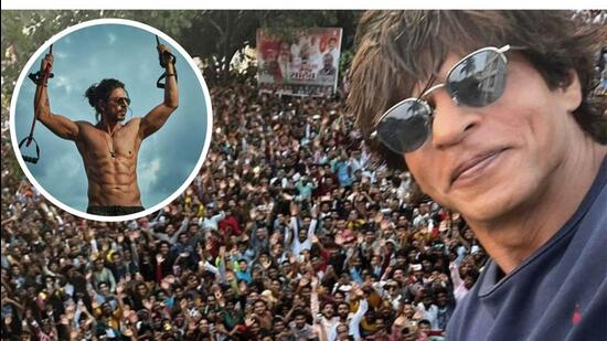 Shah Rukh Khan takes a selfie with his fans on Eid (above); a still from Pathaan (inset)