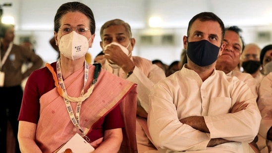 Congress president Sonia Gandhi, with party leader Rahul Gandhi at the 'Nav Sankalp Chintan Shivir - 2022', in Udaipur on Friday.(ANI)