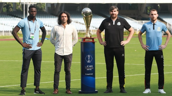(from left to right) - Gokulam Kerala FC Captain - Aminou Bouba Coach - Vincenzo Alberto Annese, Mohammedan SC Coach - Andrey Chernyshov, Captain - Nikola Stojanovic