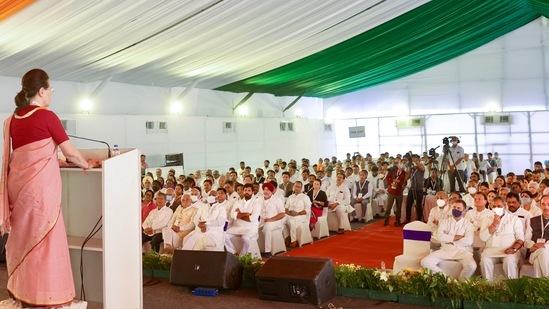 Congress president Sonia Gandhi addresses party leaders during the party's 'Nav Sankalp Chintan Shivir', in Udaipur. (PTI)