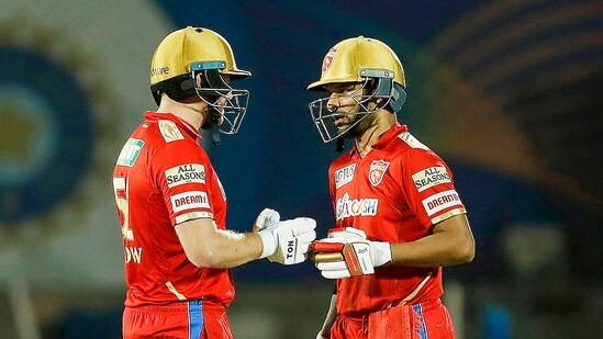 Shikhar Dhawan and Jonny Bairstow of Punjab Kings during the Indian Premier League 2022 cricket match between Royal Challengers Bangalore and Punjab Kings(PTI)