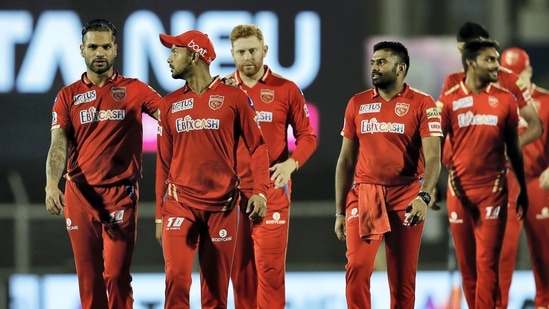 Punjab Kings players after their win in the Indian Premier League 2022 cricket match against Royal Challengers Bangalore at the Brabourne Stadium(PTI)