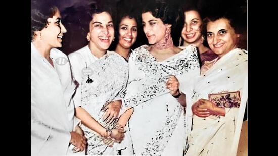 With Mrs Indira Gandhi (extreme right) and Meena Kumari (extreme left) at a star-studded charity show organised by Nargis