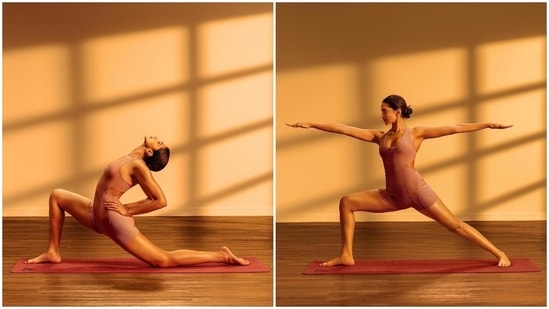 Deepika Padukone does the Anjaneyasana or Crescent Moon Pose and Virabhadrasana II or Warrior II Pose.&nbsp;(Instagram)