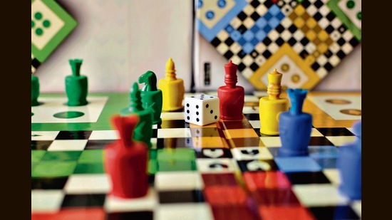 Squarace is played on a modified, double-lane ludo board.