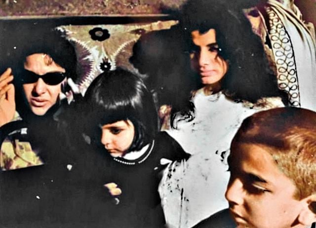With Pappo (her aunt Nargis) and cousins, Sanjay and baby Anju, on a shikara ride in Srinagar where Sunil Dutt was shooting for Waqt With Pappo (her aunt Nargis) and cousins, Sanjay and baby Anju, on a shikara ride in Srinagar where Sunil Dutt was shooting for Waqt