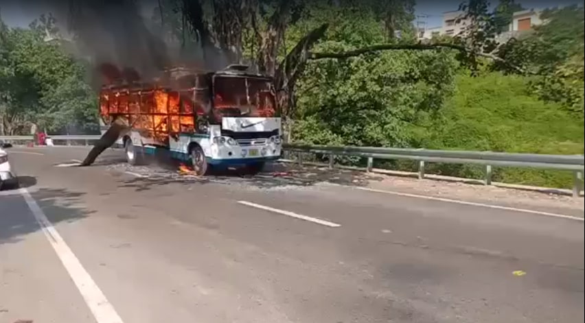 Bus carrying pilgrims catch fire near Katra in Jammu and Kashmir.&nbsp;