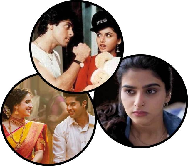 (Clockwise from top) Bhagyashree with co-star Salman Khan in Maine Pyar Kiya; Avantika Dassani in Mithya; and Abhimanyu Dassani with co-star Sanya Malhotra in Meenakshi Sundareshwar (Clockwise from top) Bhagyashree with co-star Salman Khan in Maine Pyar Kiya; Avantika Dassani in Mithya; and Abhimanyu Dassani with co-star Sanya Malhotra in Meenakshi Sundareshwar