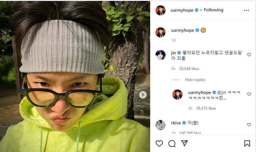 J-Hope had shared several pictures of himself.