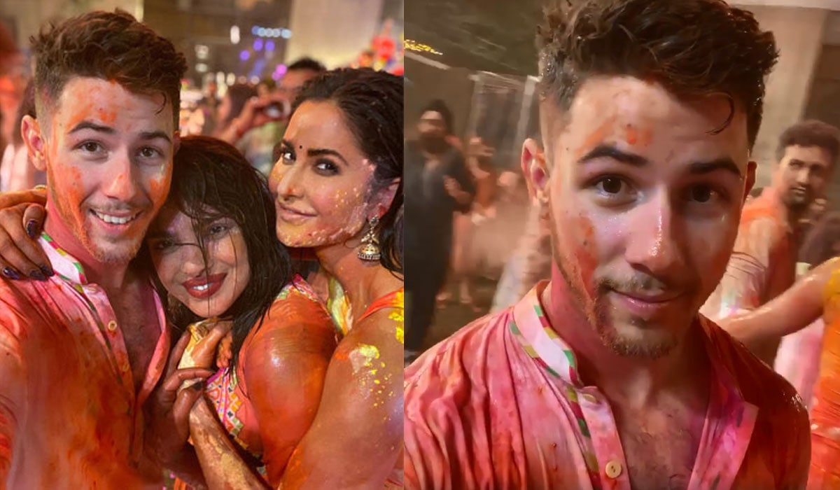 Katrina Kaif and Vicky Kaushal with Nick Jonas and Priyanka Chopra at Holi bash in 2020.&nbsp;