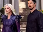 Charlize Theron with Benedict Cumberbatch in a still from Doctor Strange in the Multiverse of Madness. Charlize Theron with Benedict Cumberbatch in a still from Doctor Strange in the Multiverse of Madness.