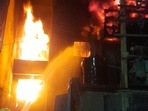 Fire-fighting operations underway at a plastic factory in Delhi's Narela area.