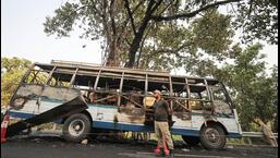 Four persons were killed and 24 others injured when the moving bus caught fire near Katra in Jammu on Friday. (PTI)