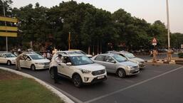 Demarcated lanes have been drawn on the roundabouts on Madhya Marg in Chandigarh for better traffic movement. (HT Photo)