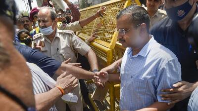 Delhi chief minister Arvind Kejriwal visited the Mundka fire incident spot on Saturday morning. (PTI) Delhi chief minister Arvind Kejriwal visited the Mundka fire incident spot on Saturday morning. (PTI)