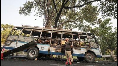 Four persons were killed and 24 others injured when the moving bus caught fire near Katra in Jammu on Friday. (PTI) Four persons were killed and 24 others injured when the moving bus caught fire near Katra in Jammu on Friday. (PTI)