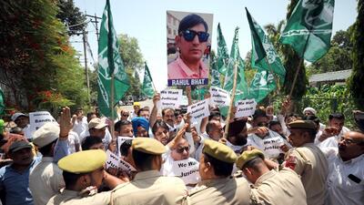 Protesters clash with cops in Jammu on Saturday. (ANI Photo) Protesters clash with cops in Jammu on Saturday. (ANI Photo)