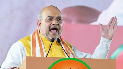 Union Home Minister Amit Shah addresses the public meeting organised to mark the end of the second phase of Telangana BJP President Bandi Sanjay's 'Praja Sangrama Yatra', at Tukkuguda in Rangareddy district. (PTI) Union Home Minister Amit Shah addresses the public meeting organised to mark the end of the second phase of Telangana BJP President Bandi Sanjay's 'Praja Sangrama Yatra', at Tukkuguda in Rangareddy district. (PTI)