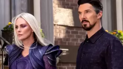 Charlize Theron with Benedict Cumberbatch in a still from Doctor Strange in the Multiverse of Madness. Charlize Theron with Benedict Cumberbatch in a still from Doctor Strange in the Multiverse of Madness.