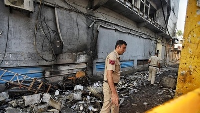 Two owners of the firm - where the fire broke out - were arrested late night, said the police. The arrested persons have been identified as Harish Goel and Varun Goel. (Raj K Raj/Hindustan Times)