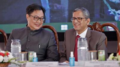 Chief Justice of India (CJI) Justice N V Ramana with Union Minister of Law and Justice Kiren Rijiju during the foundation stone-laying ceremony of the new High Court Complex, in Srinagar on Saturday. (ANI PHOTO.)