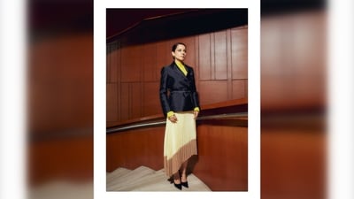 Kangana Ranaut's outfit is from the Spring Summer 2022 collection of the label MIUNIKU. (Instagram/@sukritigrover) Kangana Ranaut's outfit is from the Spring Summer 2022 collection of the label MIUNIKU. (Instagram/@sukritigrover)