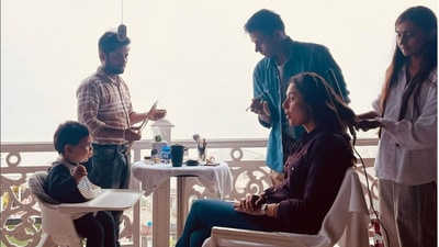 Kareena Kapoor and her son Jeh Ali Khan on the sets of Devotion of Suspect X sets. Kareena Kapoor and her son Jeh Ali Khan on the sets of Devotion of Suspect X sets.