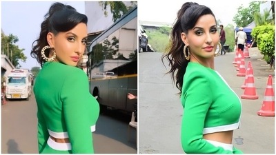Nora Fatehi is ready to take over the world in ₹79k crop top and thigh-slit skirt on Dance Deewane Juniors set (Instagram) Nora Fatehi is ready to take over the world in ₹79k crop top and thigh-slit skirt on Dance Deewane Juniors set (Instagram)
