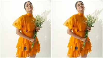 Keerthy played muse to fashion designer house Plumarii and picked a short summer outfit for the pictures. (Instagram/@keerthysureshofficial)