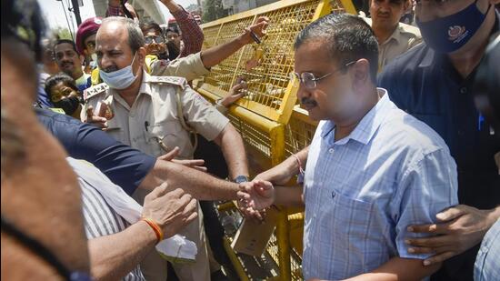 Delhi chief minister Arvind Kejriwal visited the Mundka fire incident spot on Saturday morning. (PTI)