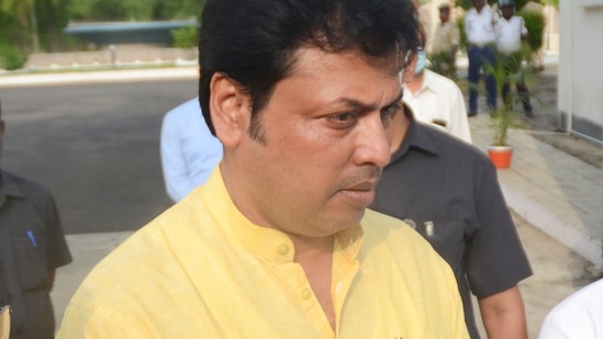 BJP leader Biplab Deb leaves after submitting his resignation as chief minister of Tripura to Governor Satyadev Narayan Arya, in Agartala on Saturday. (PTI)