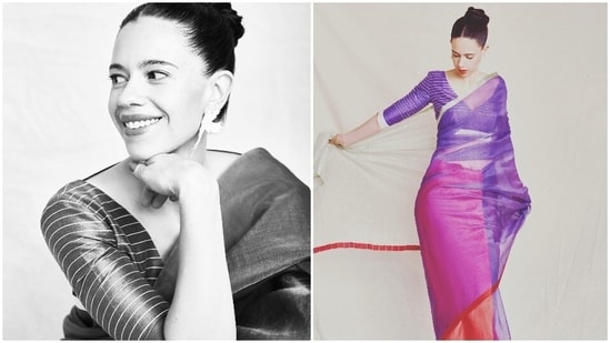 Kalki Koechlin redefines elegance and grace as she turns muse for designer Payal Khandwala in this multi-coloured handwoven silk saree.(Instagram/@kalkikanmani)