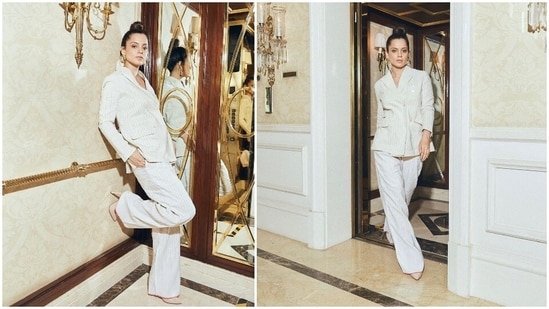 Kangana Ranaut is leaving no stone unturned in promoting her upcoming film Dhakaad, which is a thriller set to release on May 20. Known for her bold role in films, the actor also makes headlines for her incredible fashion sense. Her stylist Tanya Ghavri recently shared some boss lady pictures of the Queen actor in a white striped pantsuit.(Instagram/@tanghavri)