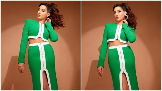 It is safe to call Nora Fatehi the ultimate queen of body-hugging fits keeping her Instagram lookbook and public appearances as proof. The ace dancer doesn't mind experimenting with her looks and always manages to go a level up with her style. Recently, the actor/dancer made jaws drop in a green and white co-ord set.(Instagram/@norafatehi)